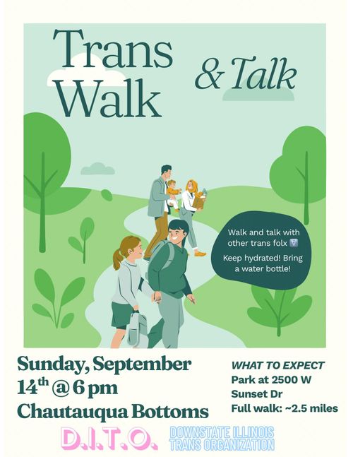 Trans Walk & Talk
Sunday, September 14th at 6:00 PM, at Chautauqua Bottoms.
Park at 2500 West Sunset Drive. Full walk is approximately 2.5 miles.
