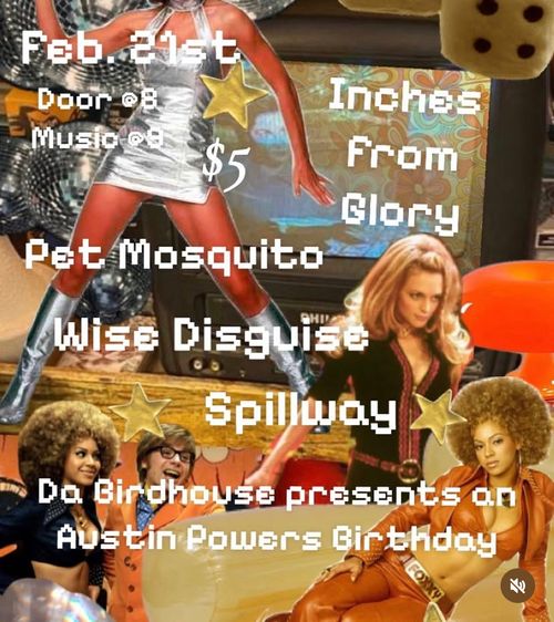 The Birdhouse presents on Austin Powers Birthday: Inches from Glory, Pet Mosquito, Wise Disguise, Spillway! 